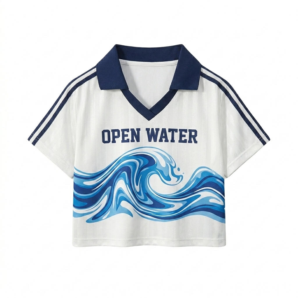 Custom Striped Contrast Collar Cropped Jersey design direction 2: Bold Abstract Graphic featuring the OPEN WATER wordmark