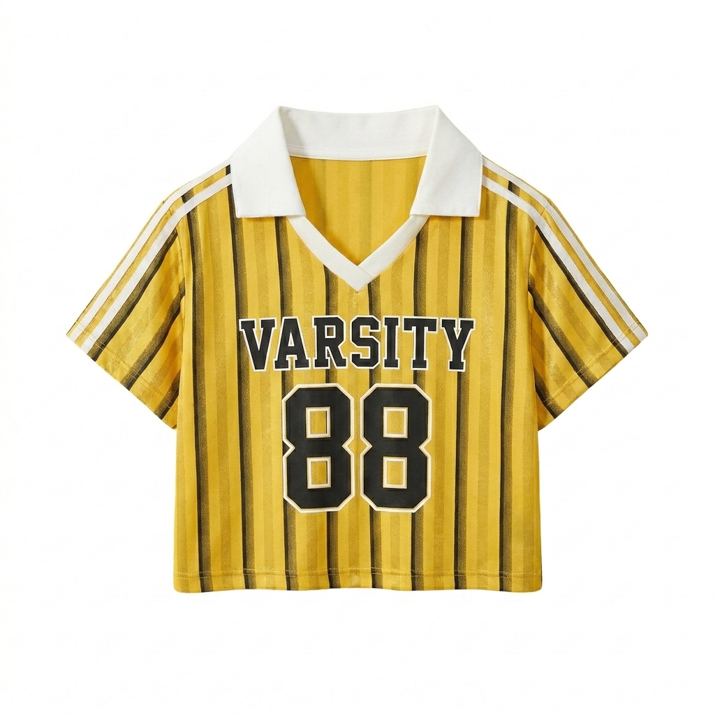 Custom Striped Contrast Collar Cropped Jersey design direction 3: Retro Collegiate Text featuring the VARSITY 88 wordmark