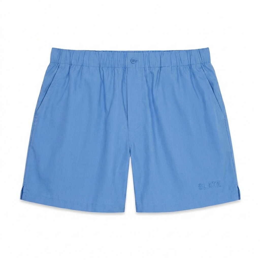Custom Striped Elastic Waist Shorts design direction 1: Tonal Minimalist featuring the SLATE wordmark