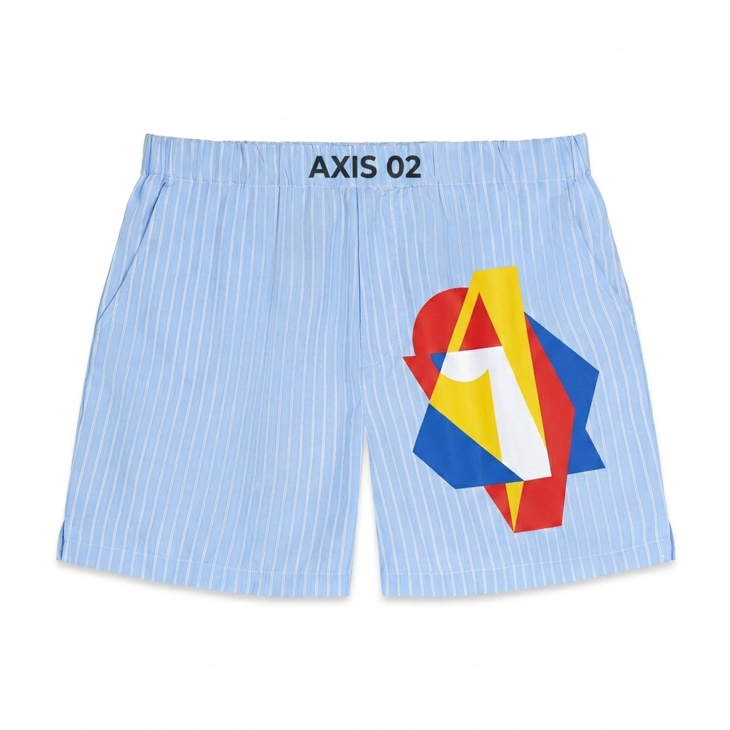 Custom Striped Elastic Waist Shorts design direction 2: Abstract Geometric featuring the AXIS 02 wordmark