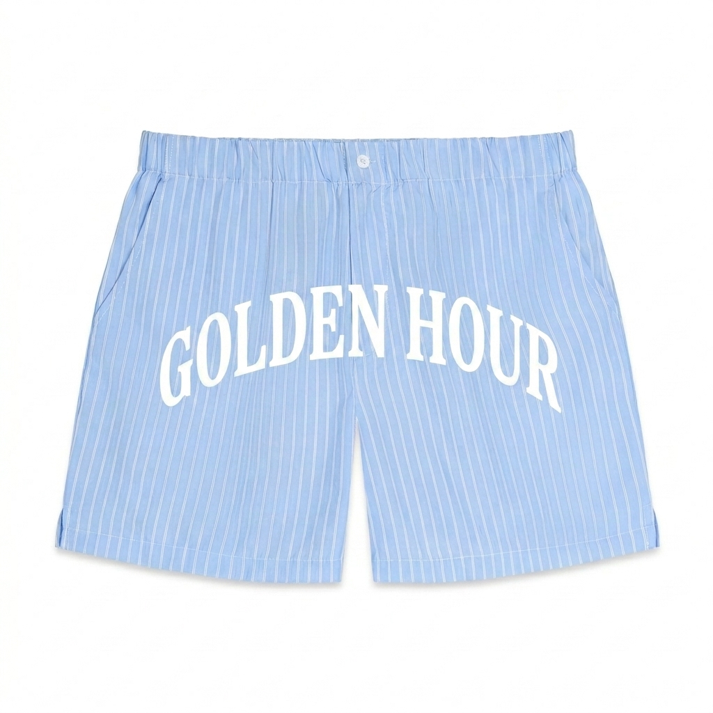 Custom Striped Elastic Waist Shorts design direction 3: Vintage Athletic featuring the GOLDEN HOUR wordmark