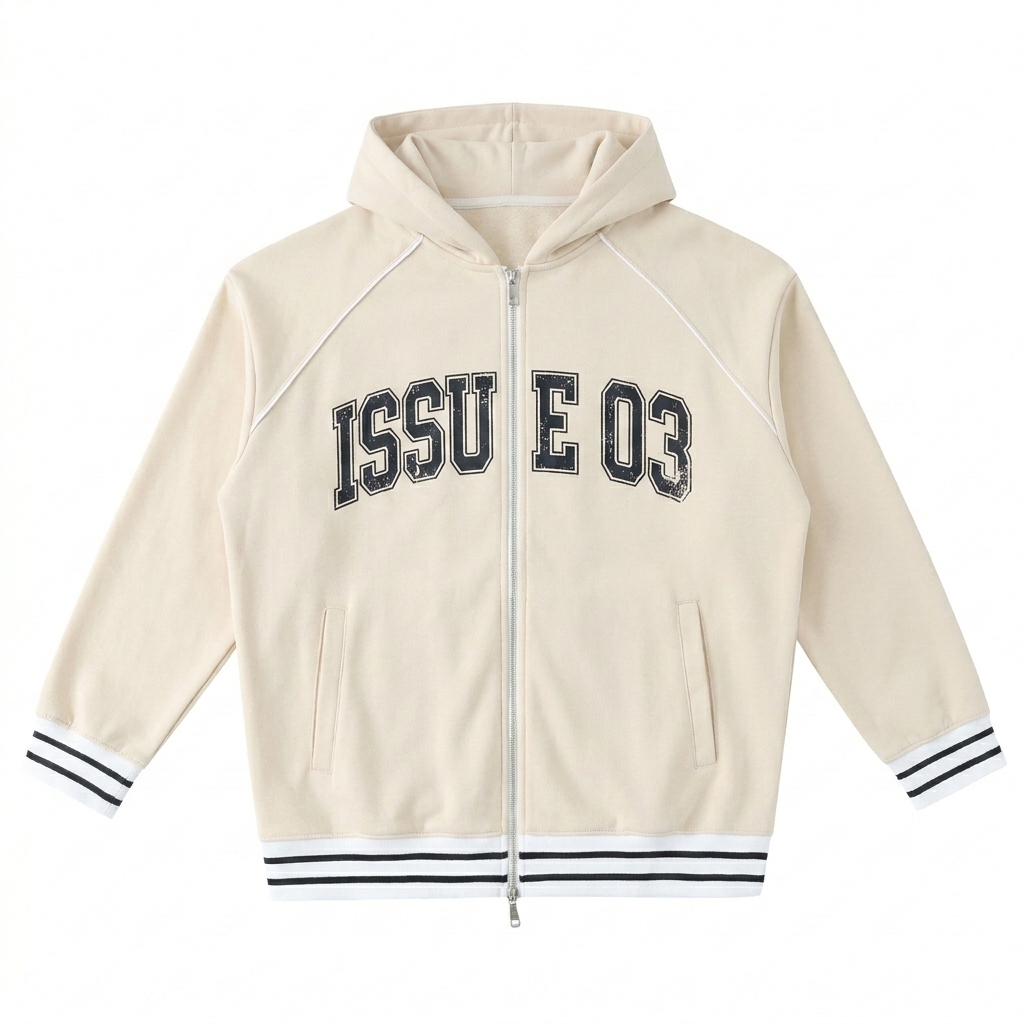 Custom Striped Trim Zip-Up Hoodie design direction 2: Bold Collegiate Graphic featuring the ISSUE 03 wordmark