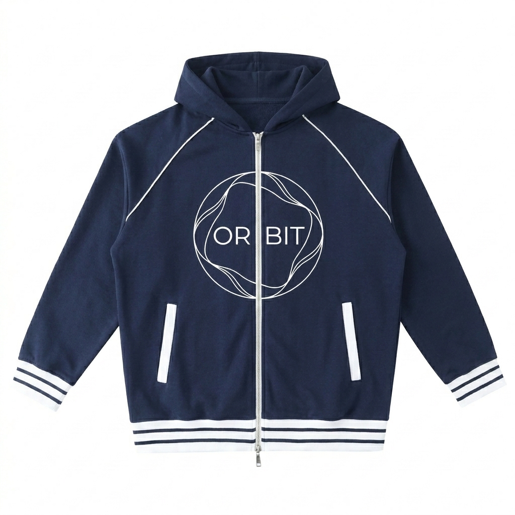 Custom Striped Trim Zip-Up Hoodie design direction 3: Abstract Line Art Print featuring the ORBIT wordmark