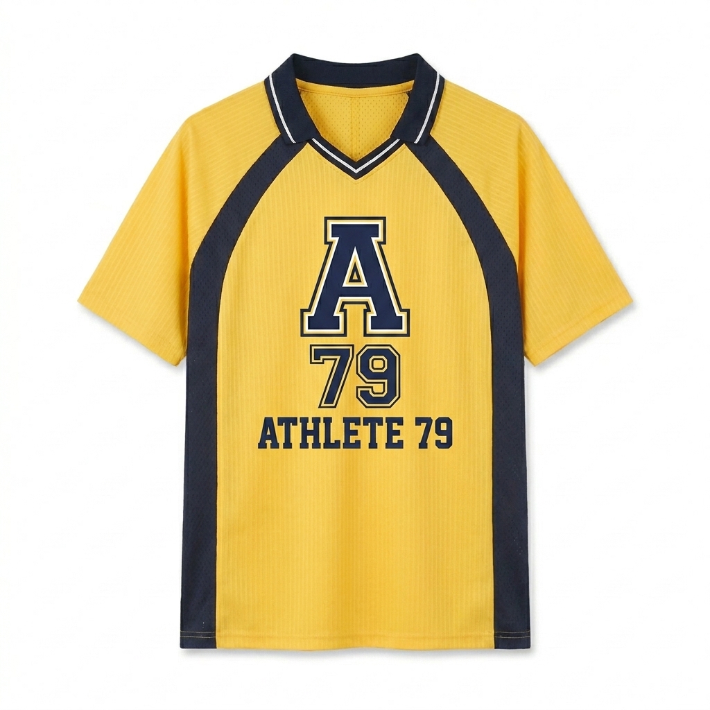 Custom Striped V-Neck Soccer Jersey design direction 2: Retro Collegiate Emblem featuring the ATHLETE 79 wordmark