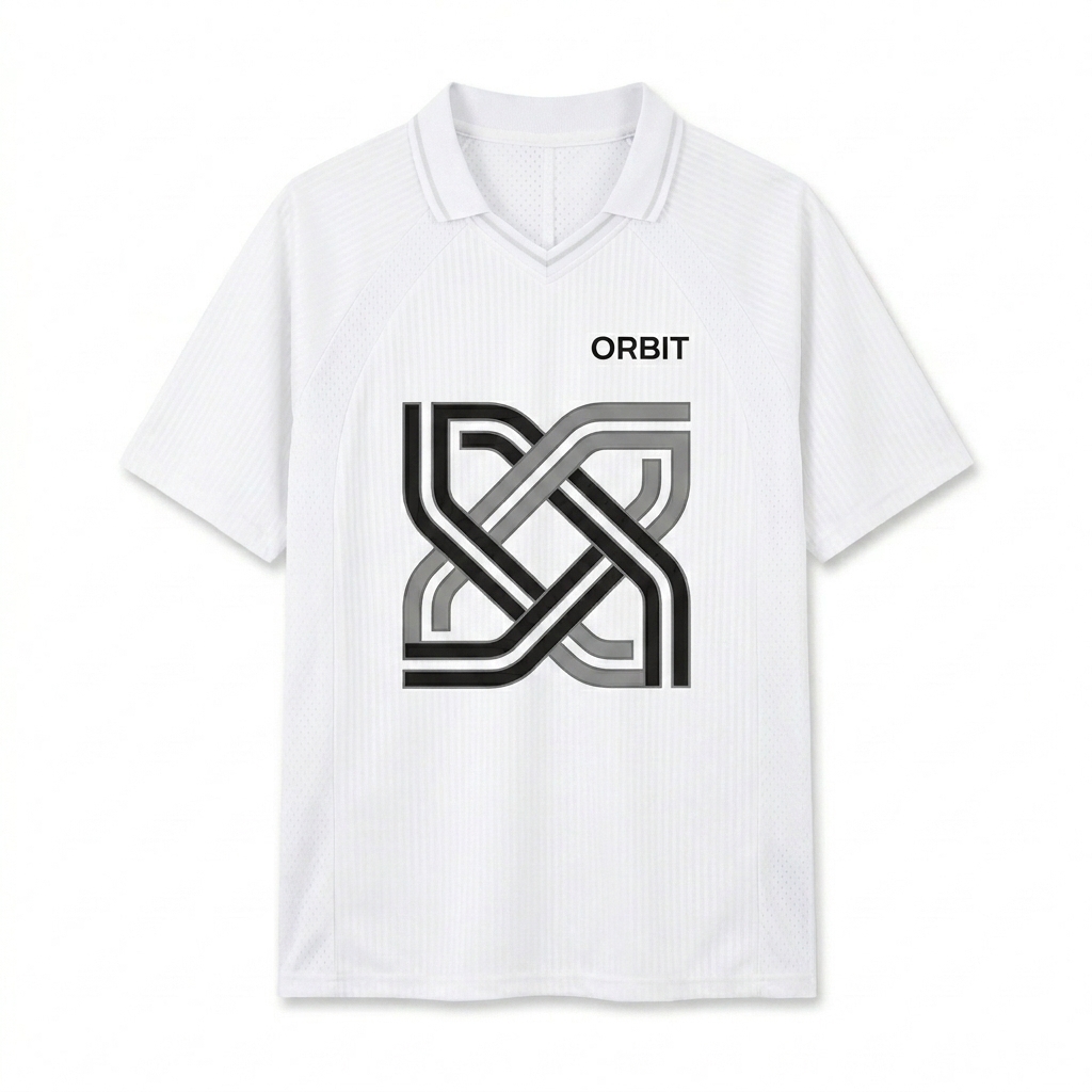 Custom Striped V-Neck Soccer Jersey design direction 3: Abstract Geometric Graphic featuring the ORBIT wordmark