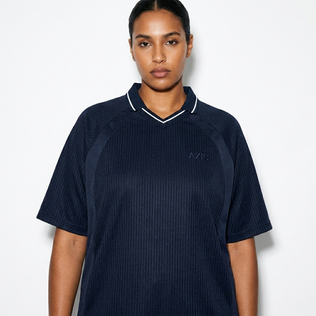 Striped V-Neck Soccer Jersey worn by a broad-shouldered North African female fashion influencer, y2k revival styling, studio lookbook — custom striped v-neck soccer jersey