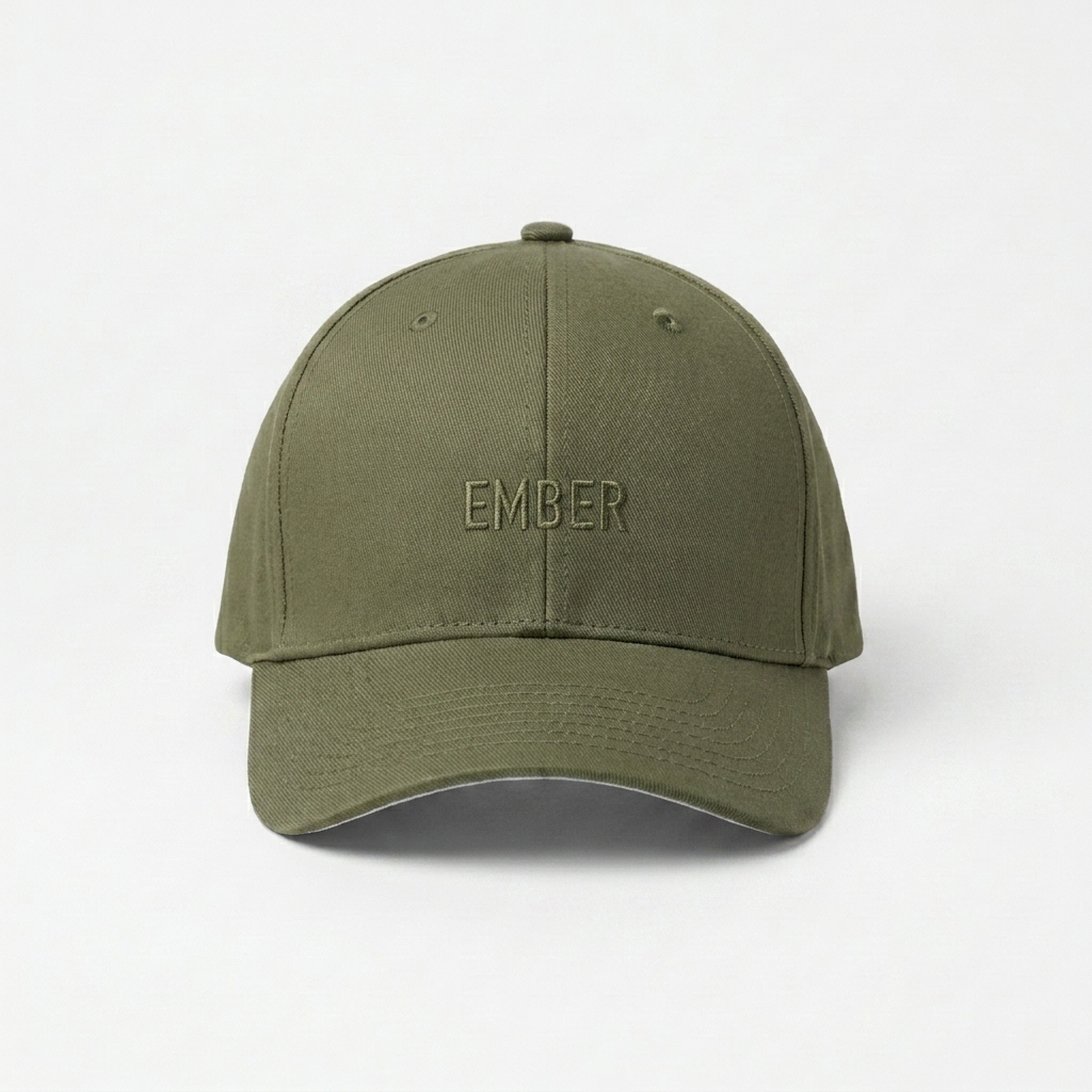 Custom Structured Flexfit Cap design direction 1: Subtle Tonal Wordmark featuring the EMBER wordmark