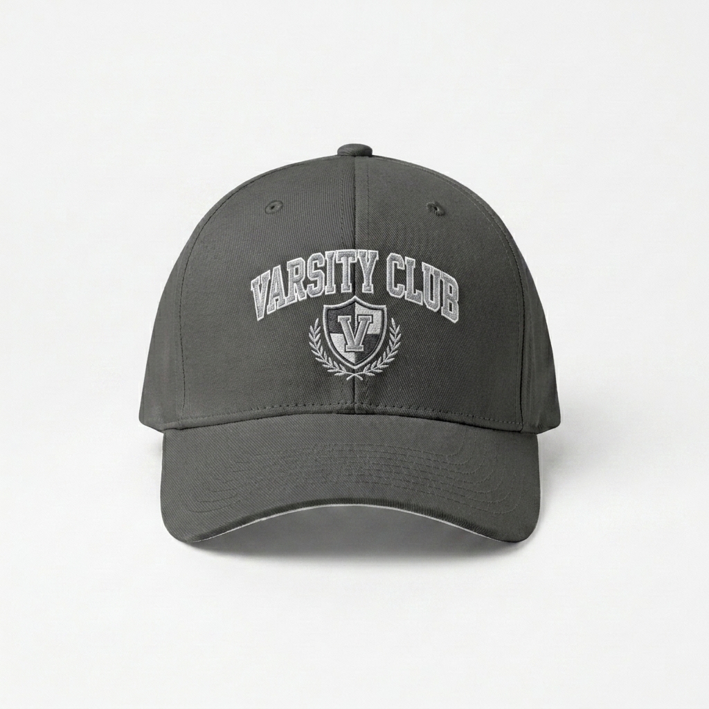 Custom Structured Flexfit Cap design direction 3: Collegiate Sportswear Emblem featuring the VARSITY CLUB wordmark