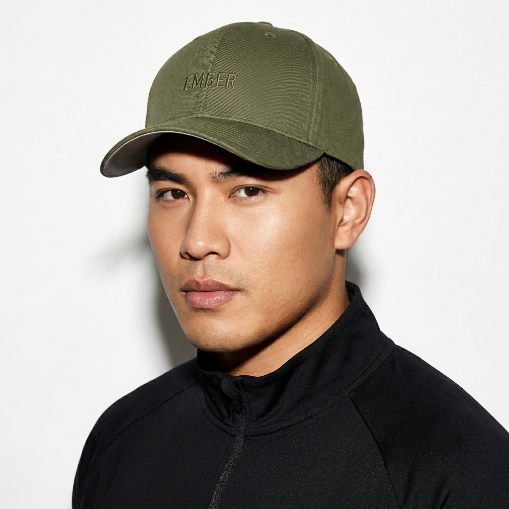 Structured Flexfit Cap worn by a curvy Vietnamese male fashion influencer, y2k revival styling, studio lookbook — custom structured flexfit cap