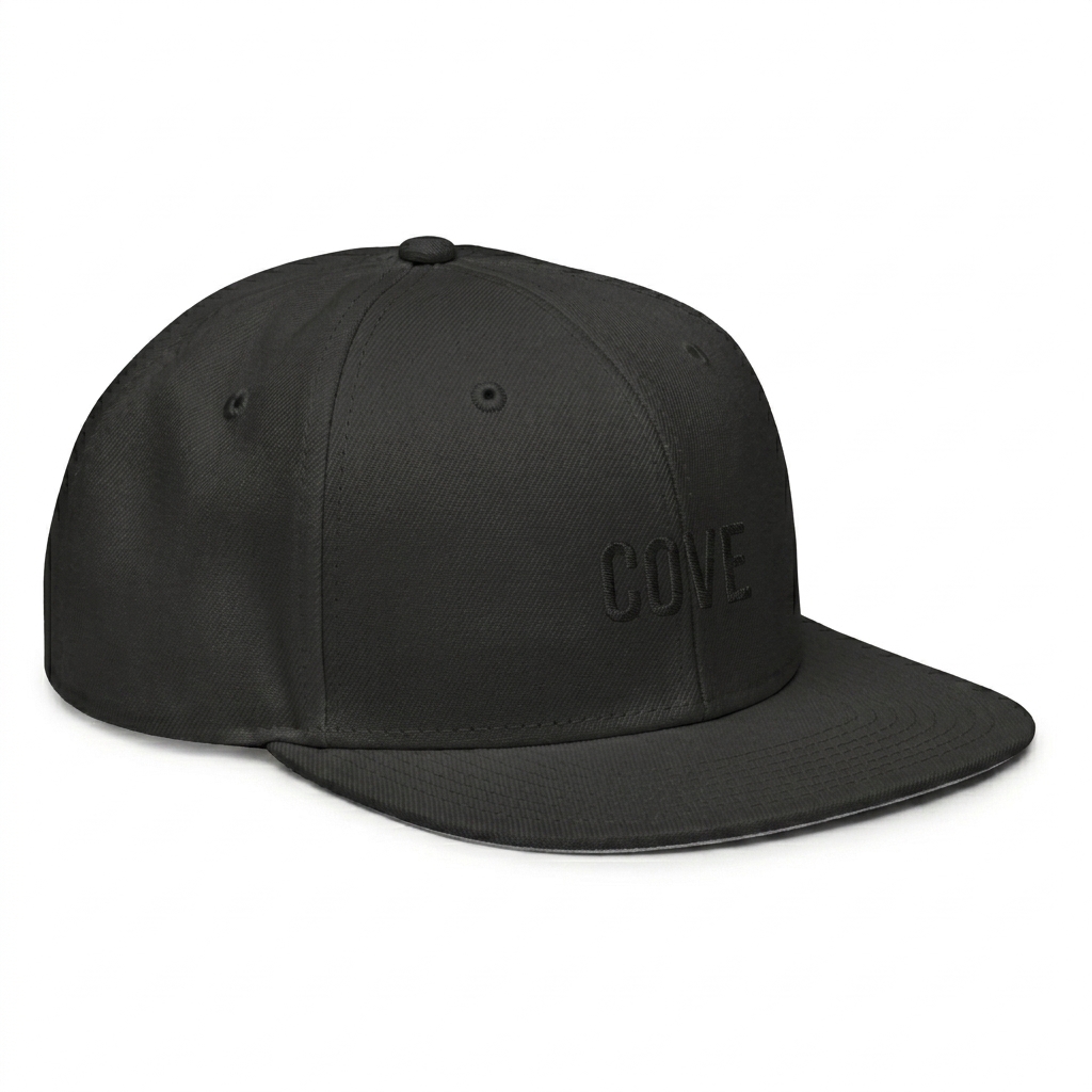 Custom Structured Snapback Cap design direction 1: Tonal Minimalist Wordmark featuring the COVE wordmark