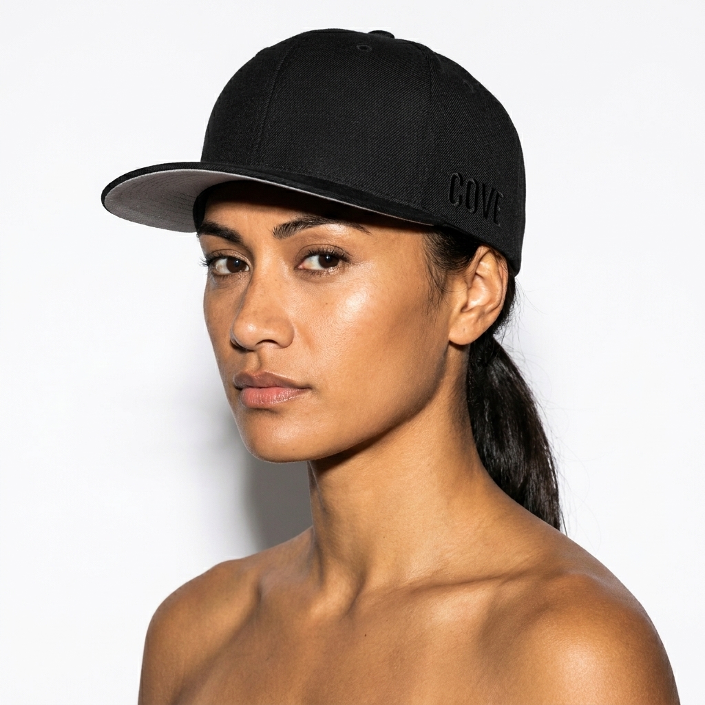 Structured Snapback Cap worn by a toned Māori female fashion influencer, techwear modern styling, studio lookbook — custom structured snapback cap