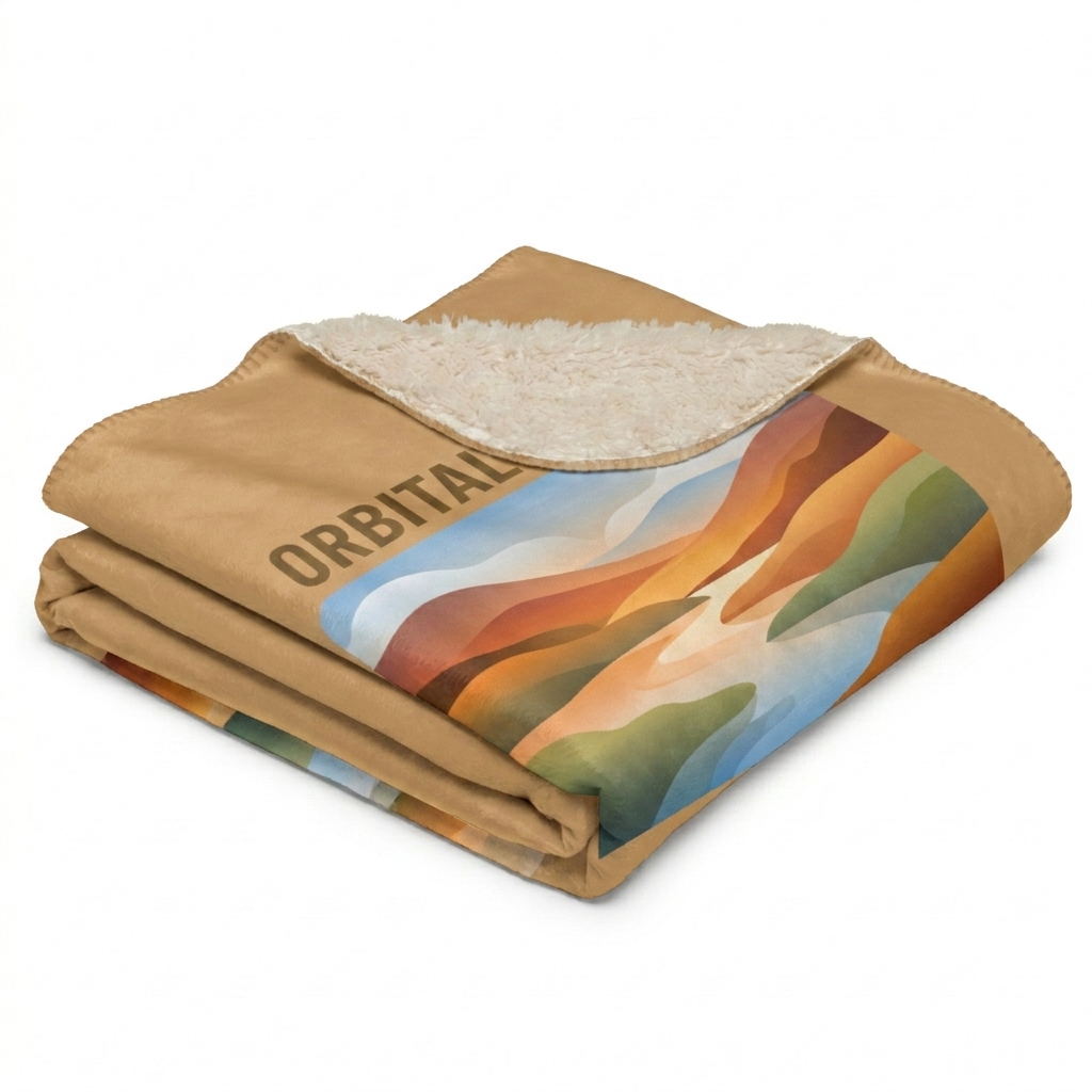 Custom Sublimated Sherpa Blanket design direction 1: Abstract Horizon featuring the ORBITAL wordmark