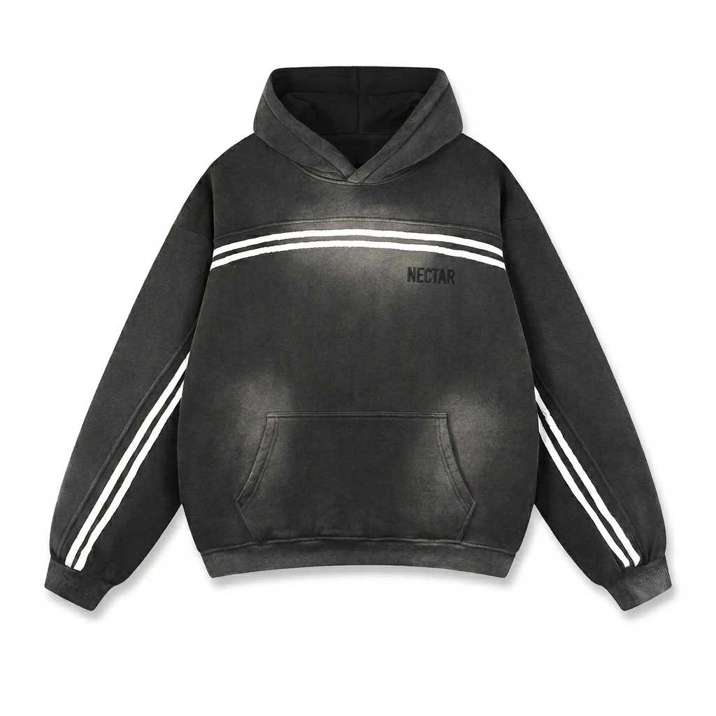 Custom Sun Fade Contrast Tape Fleece Hoodie design direction 1: Tonal Minimalist Wordmark featuring the NECTAR wordmark