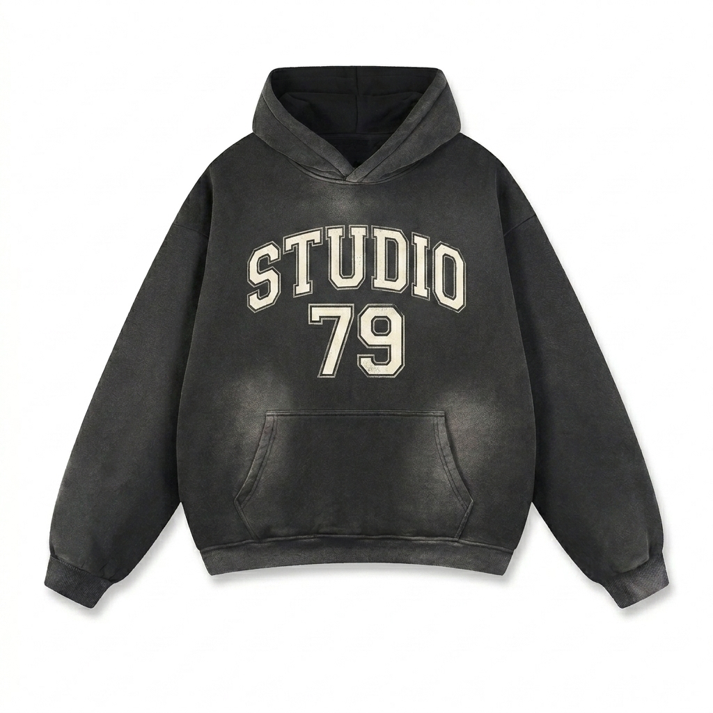 Custom Sun Fade Contrast Tape Fleece Hoodie design direction 3: Retro Collegiate Emblem featuring the STUDIO 79 wordmark