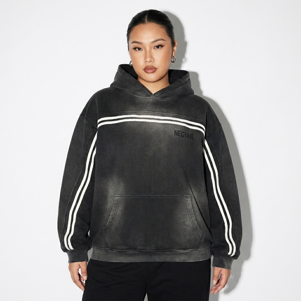 Sun Fade Contrast Tape Fleece Hoodie worn by a curvy Chinese female fashion influencer, preppy ivy styling, studio lookbook — custom sun fade contrast tape fleece hoodie