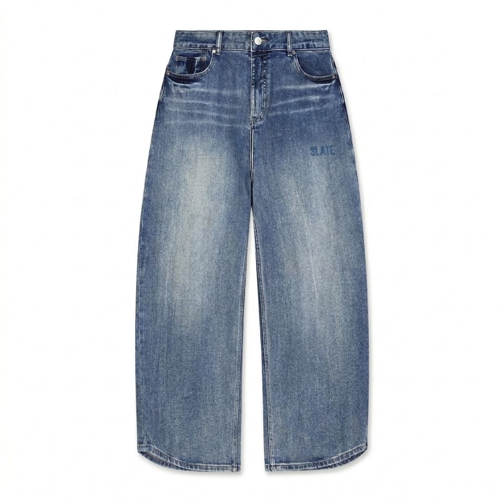 Custom Sun Fade Denim Jeans design direction 1: Subtle Tonal Embroidery featuring the SLATE wordmark