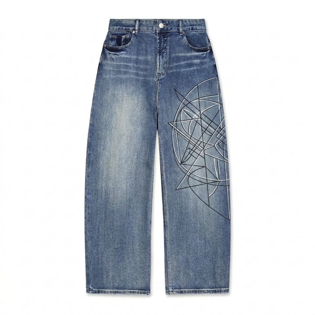 Custom Sun Fade Denim Jeans design direction 2: Abstract Line Art Print featuring the ORBIT wordmark