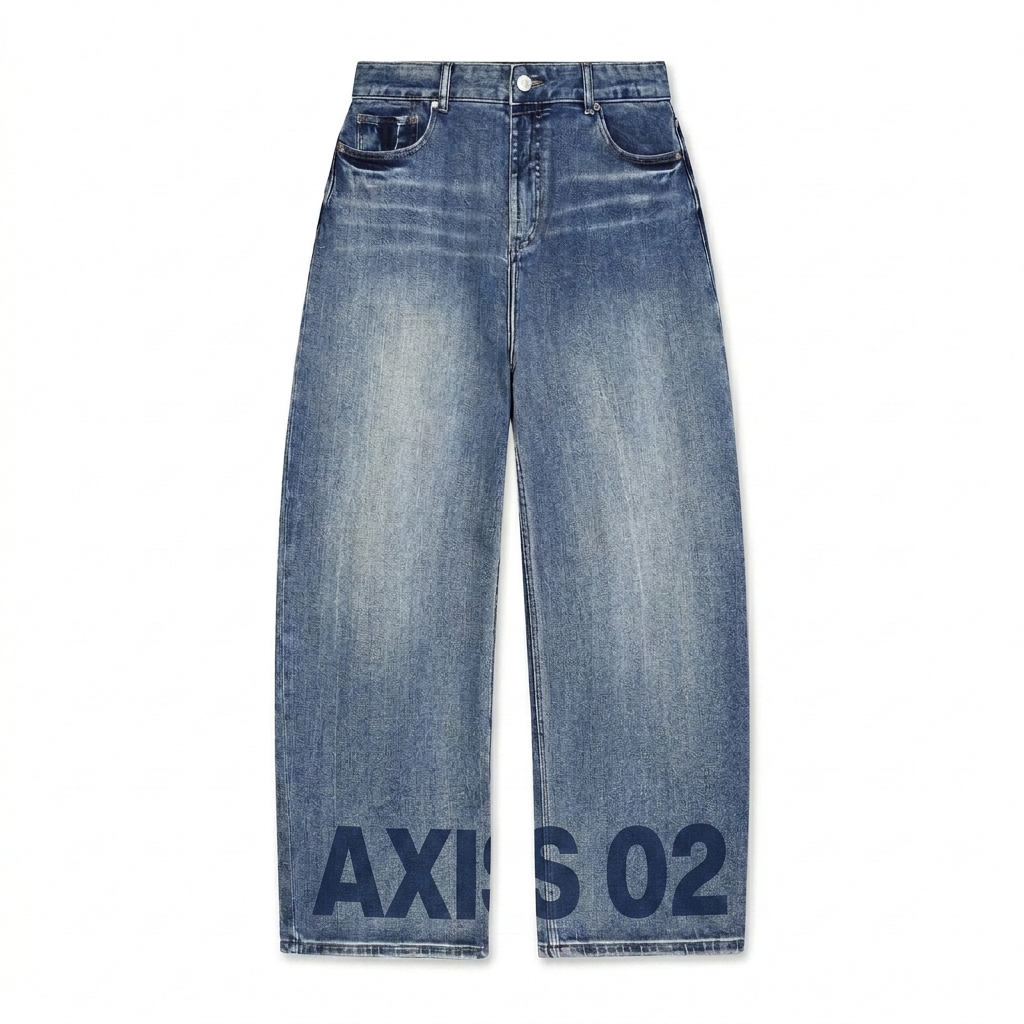 Custom Sun Fade Denim Jeans design direction 3: Stretched Typographic Statement featuring the AXIS 02 wordmark