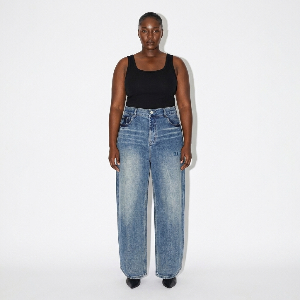 Sun Fade Denim Jeans worn by a broad-shouldered West African female fashion influencer, workwear utility styling, studio lookbook — custom sun fade denim jeans