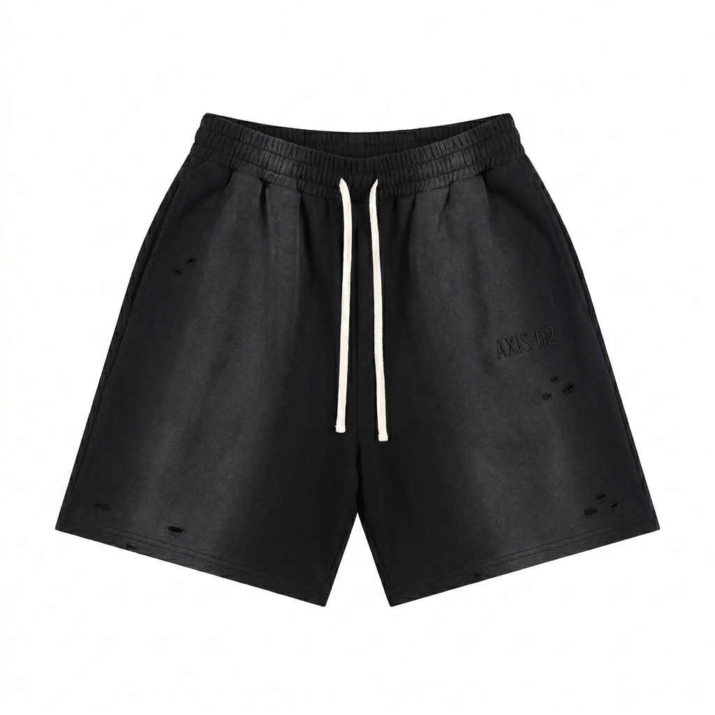 Custom Sun Fade Distressed Shorts design direction 1: Tonal Minimalist Wordmark featuring the AXIS 02 wordmark