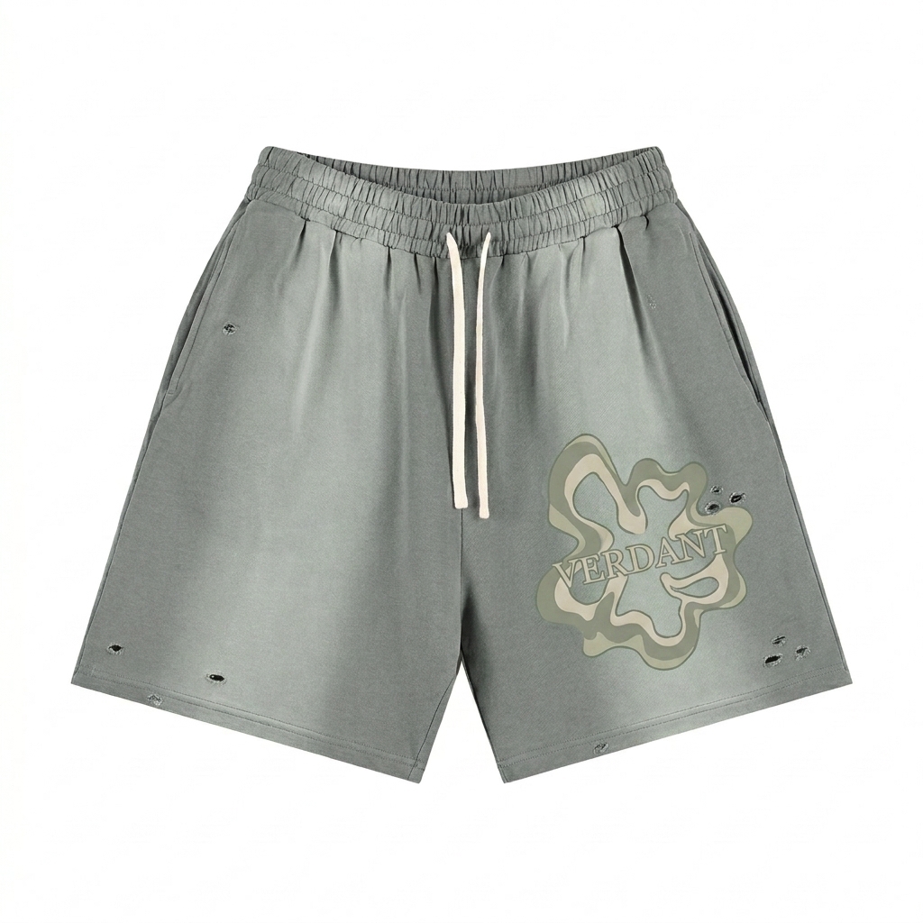 Custom Sun Fade Distressed Shorts design direction 2: Bold Abstract Graphic featuring the VERDANT wordmark