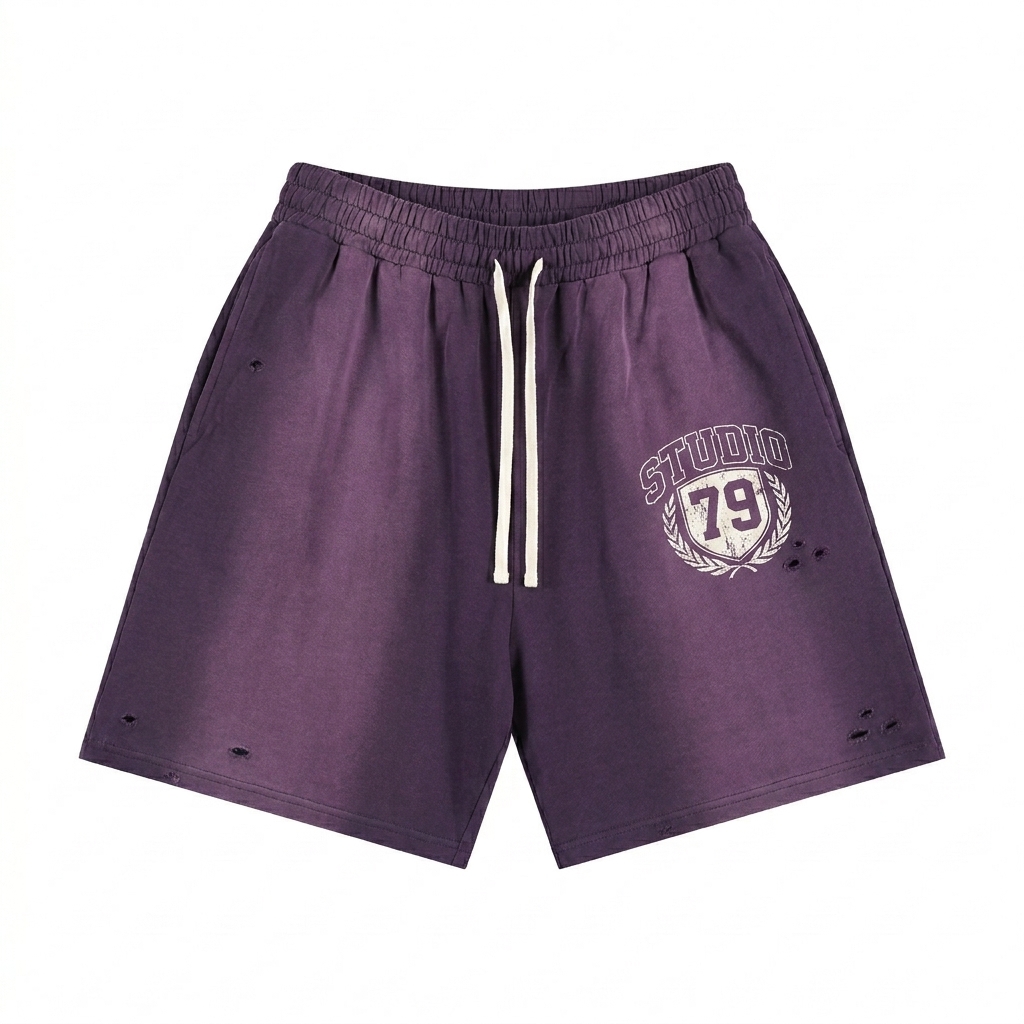 Custom Sun Fade Distressed Shorts design direction 3: Retro Collegiate Emblem featuring the STUDIO 79 wordmark