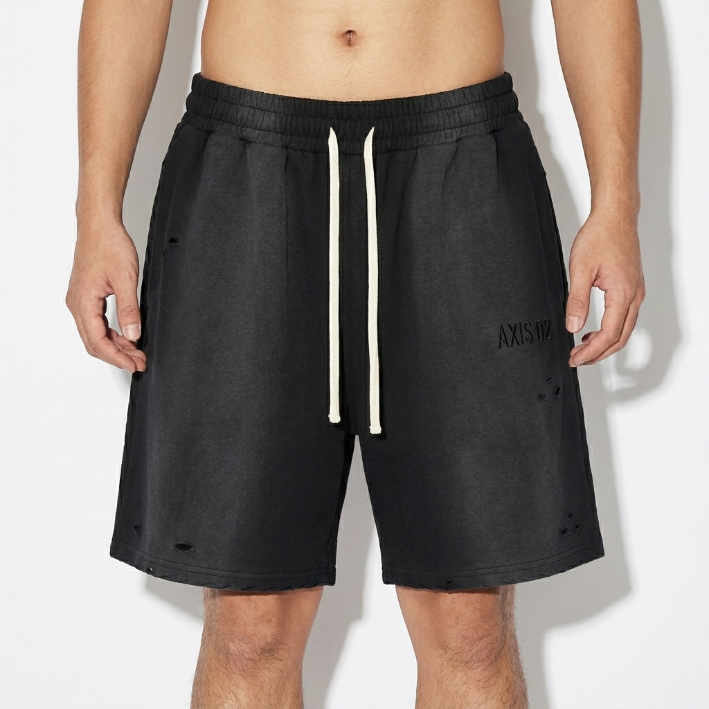 Sun Fade Distressed Shorts worn by a mid-size Japanese male fashion influencer, techwear modern styling, studio lookbook — custom sun fade distressed shorts