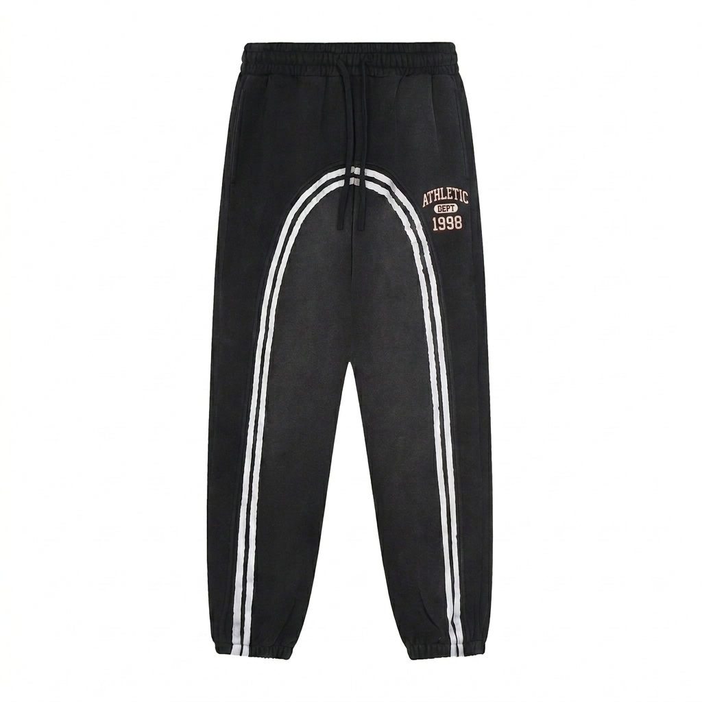 Custom Sun Fade Fleece Joggers design direction 3: Retro Collegiate Emblem featuring the ATHLETIC DEPT wordmark