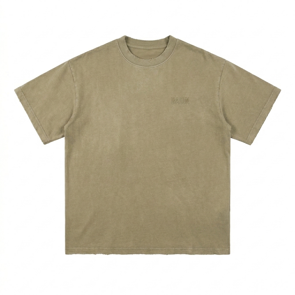 Custom Sun Fade Frayed Cotton T-Shirt design direction 1: Tonal Minimalist Wordmark featuring the BASIN wordmark