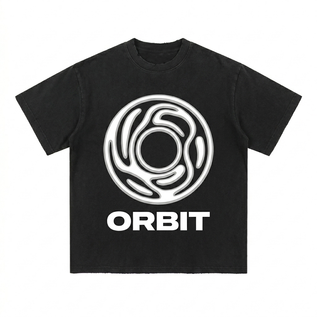 Custom Sun Fade Frayed Cotton T-Shirt design direction 2: Bold Graphic Illustration featuring the ORBIT wordmark