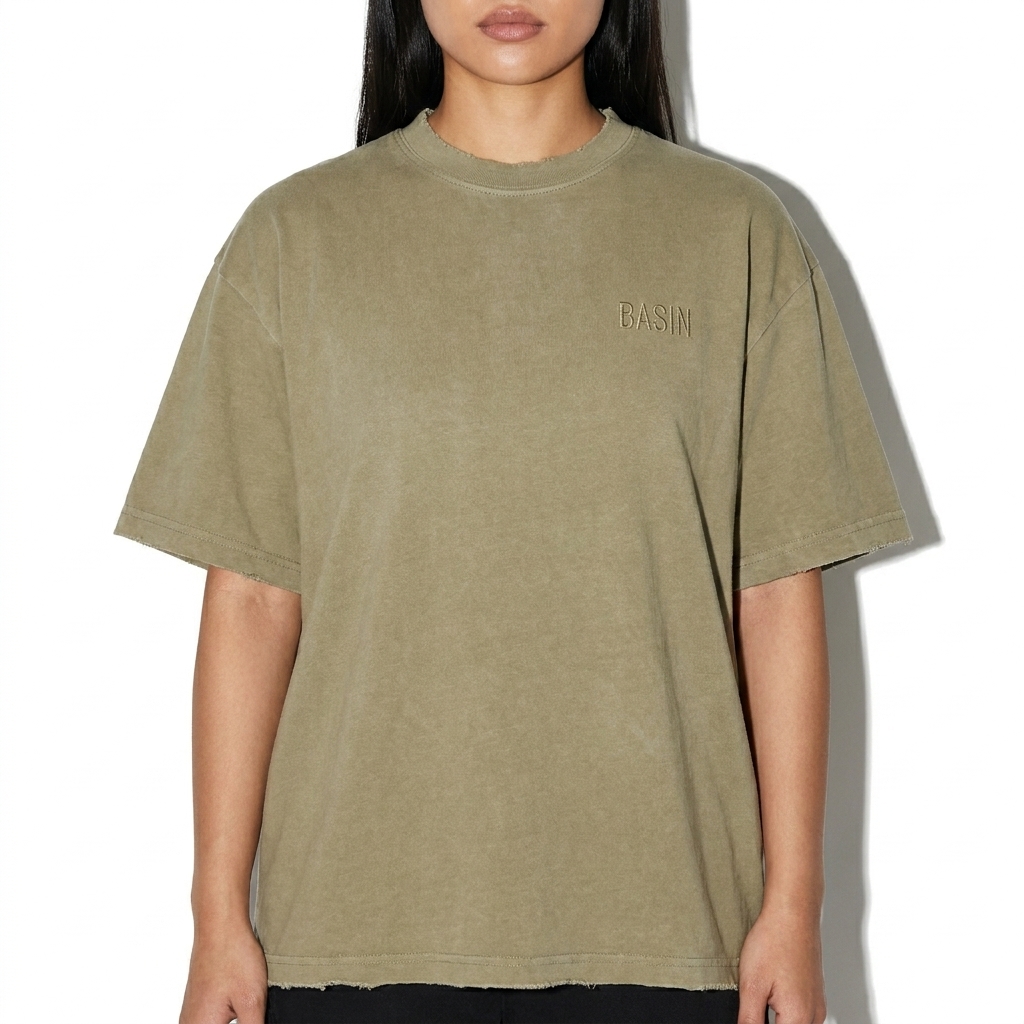 Sun Fade Frayed Cotton T-Shirt worn by a broad-shouldered Vietnamese female fashion influencer, clean-girl minimal styling, studio lookbook — custom sun fade frayed cotton t-shirt