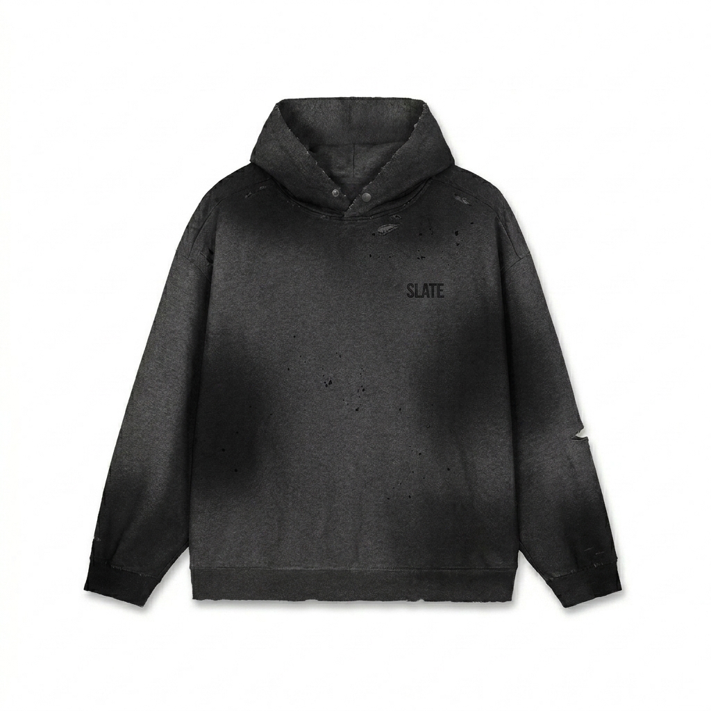 Custom Sun Fade Frayed Fleece Hoodie design direction 1: Tonal Streetwear Wordmark featuring the SLATE wordmark