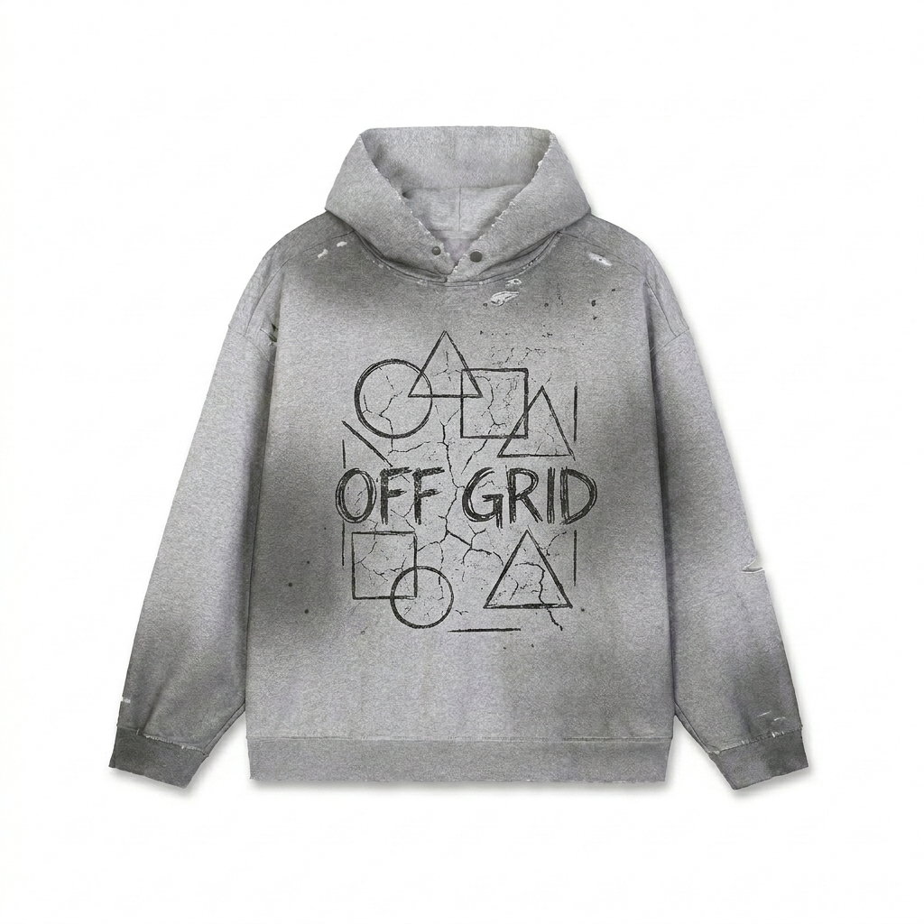 Custom Sun Fade Frayed Fleece Hoodie design direction 2: Bold Urban Graphic featuring the OFF GRID wordmark