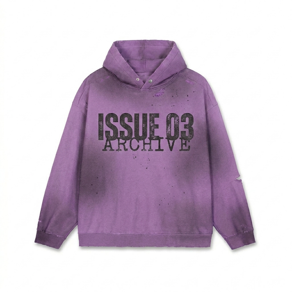 Custom Sun Fade Frayed Fleece Hoodie design direction 3: Post-Punk Text Collage featuring the ISSUE 03 wordmark