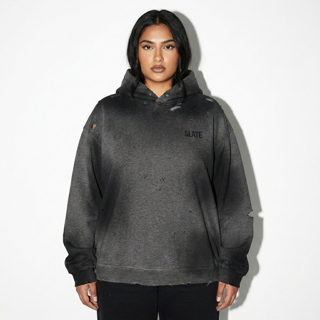 Sun Fade Frayed Fleece Hoodie worn by a curvy South Asian female fashion influencer, gorpcore outdoor styling, studio lookbook — custom sun fade frayed fleece hoodie