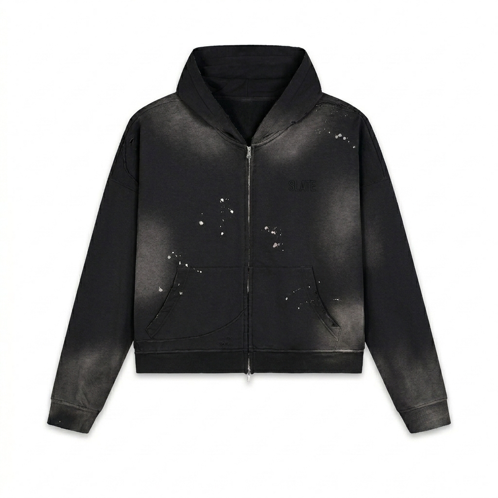 Custom Sun Fade Frayed Zip Hoodie design direction 1: Tonal Streetwear Wordmark featuring the SLATE wordmark