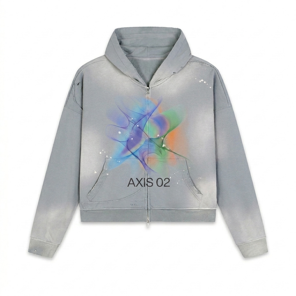Custom Sun Fade Frayed Zip Hoodie design direction 2: Abstract Graphic Statement featuring the AXIS 02 wordmark