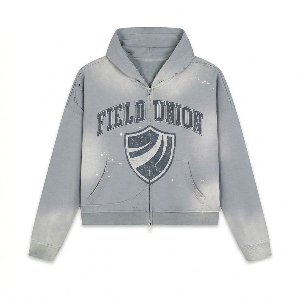 Custom Sun Fade Frayed Zip Hoodie design direction 3: Retro Collegiate Emblem featuring the FIELD UNION wordmark