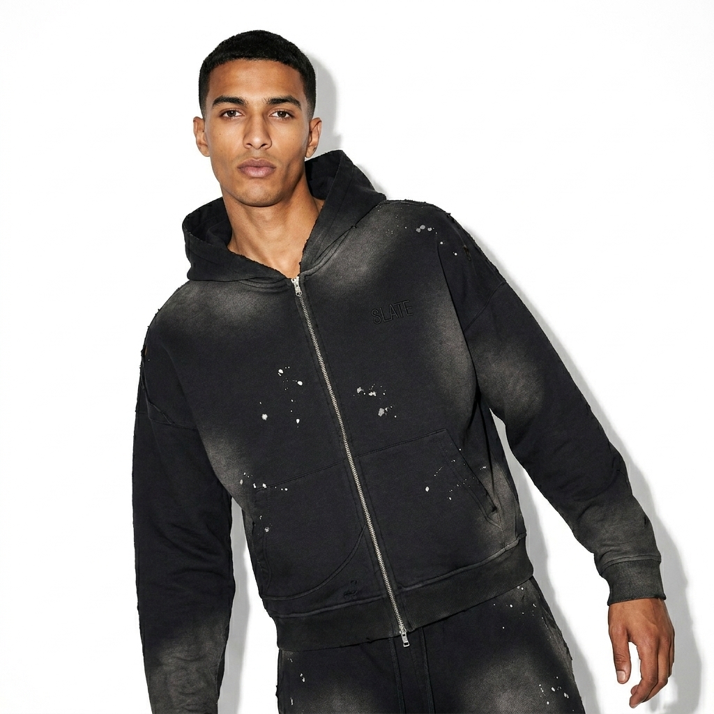 Sun Fade Frayed Zip Hoodie worn by a lean North African male fashion influencer, downtown streetwear styling, studio lookbook — custom sun fade frayed zip hoodie