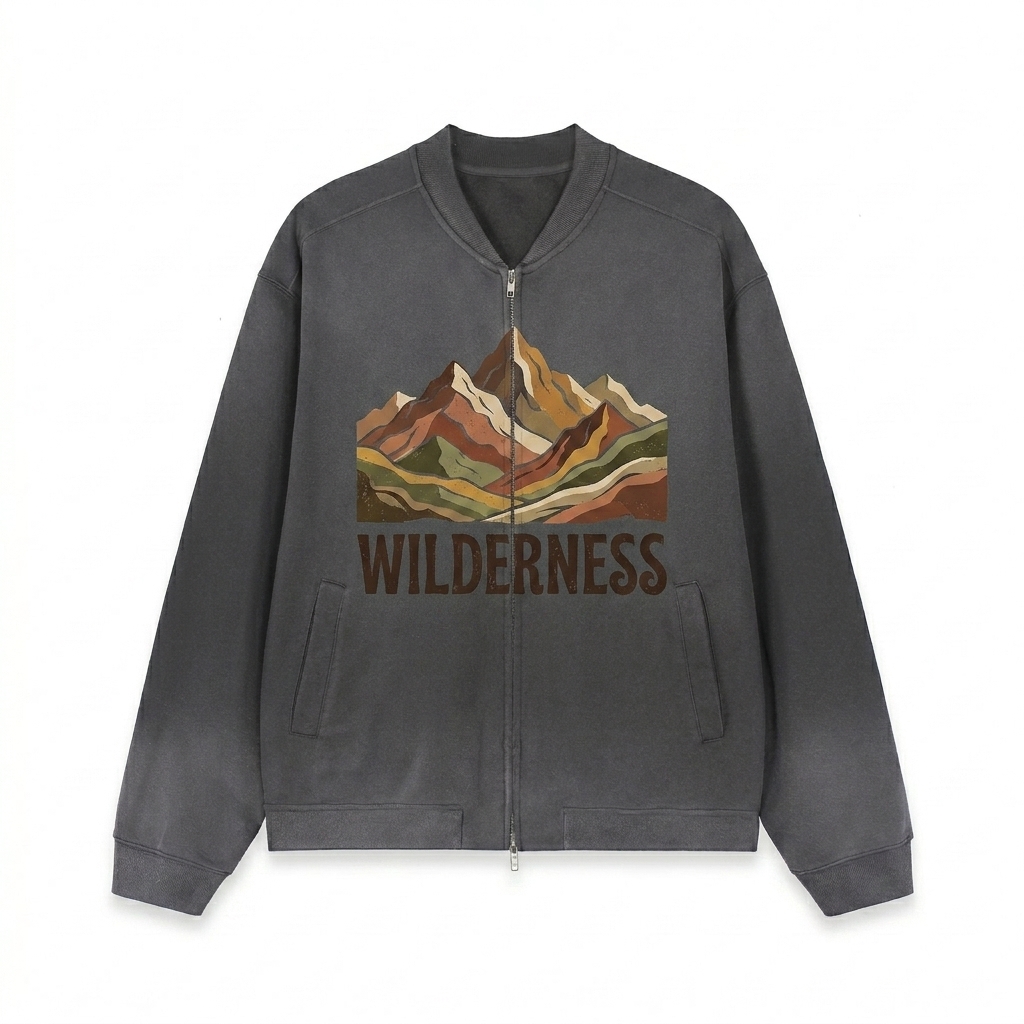 Custom Sun Fade Heavyweight Baseball Jacket design direction 2: Bold Graphic Illustration featuring the WILDERNESS wordmark