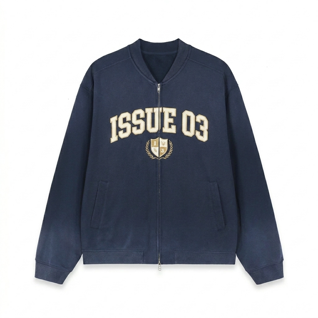 Custom Sun Fade Heavyweight Baseball Jacket design direction 3: Retro Collegiate Emblem featuring the ISSUE 03 wordmark