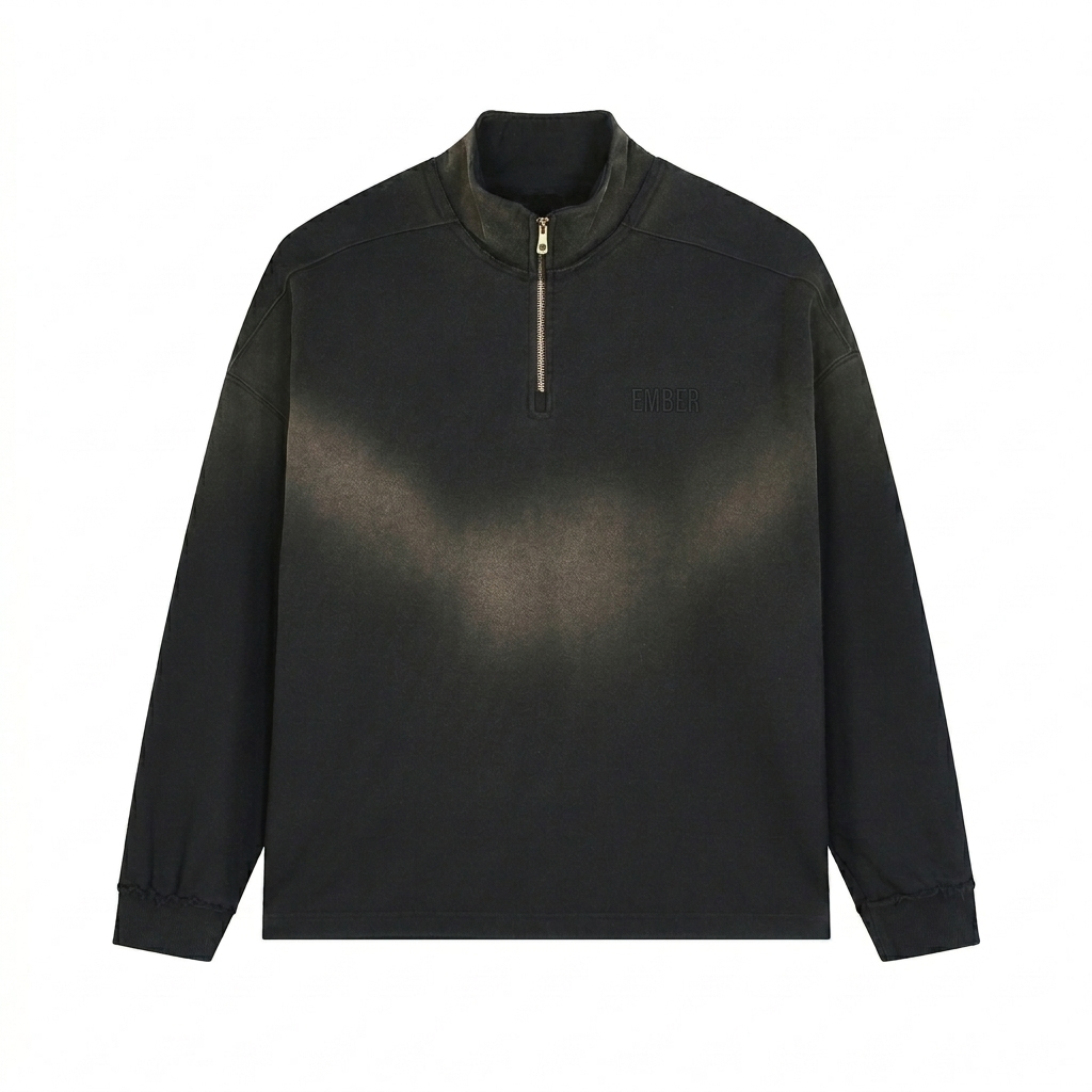 Custom Sun Fade Quarter-Zip Sweatshirt design direction 1: Tonal Minimalist Wordmark featuring the EMBER wordmark