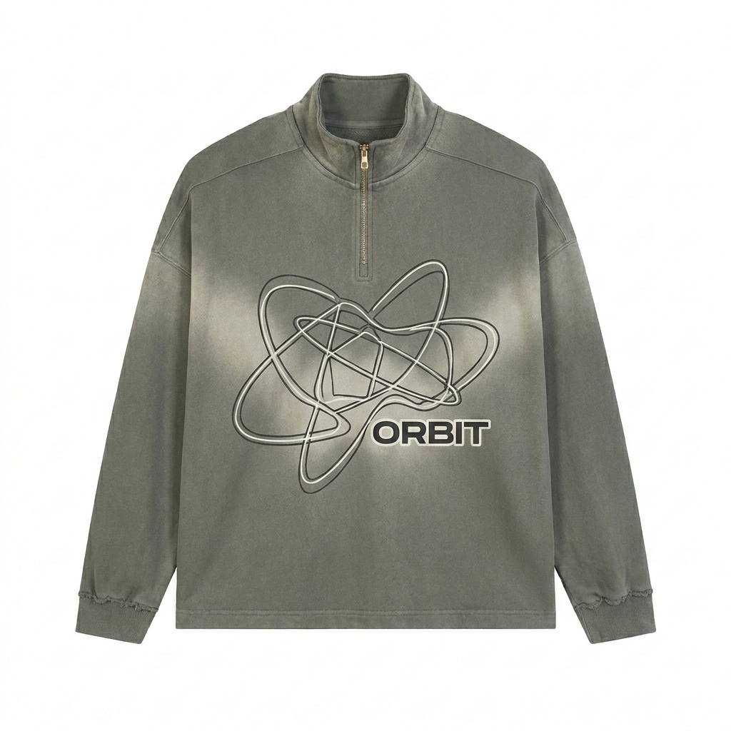 Custom Sun Fade Quarter-Zip Sweatshirt design direction 2: Abstract Geometric Graphic featuring the ORBIT wordmark