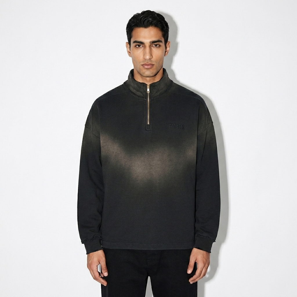 Sun Fade Quarter-Zip Sweatshirt worn by a slim tall Middle Eastern male fashion influencer, editorial avant-garde styling, studio lookbook — custom sun fade quarter-zip sweatshirt