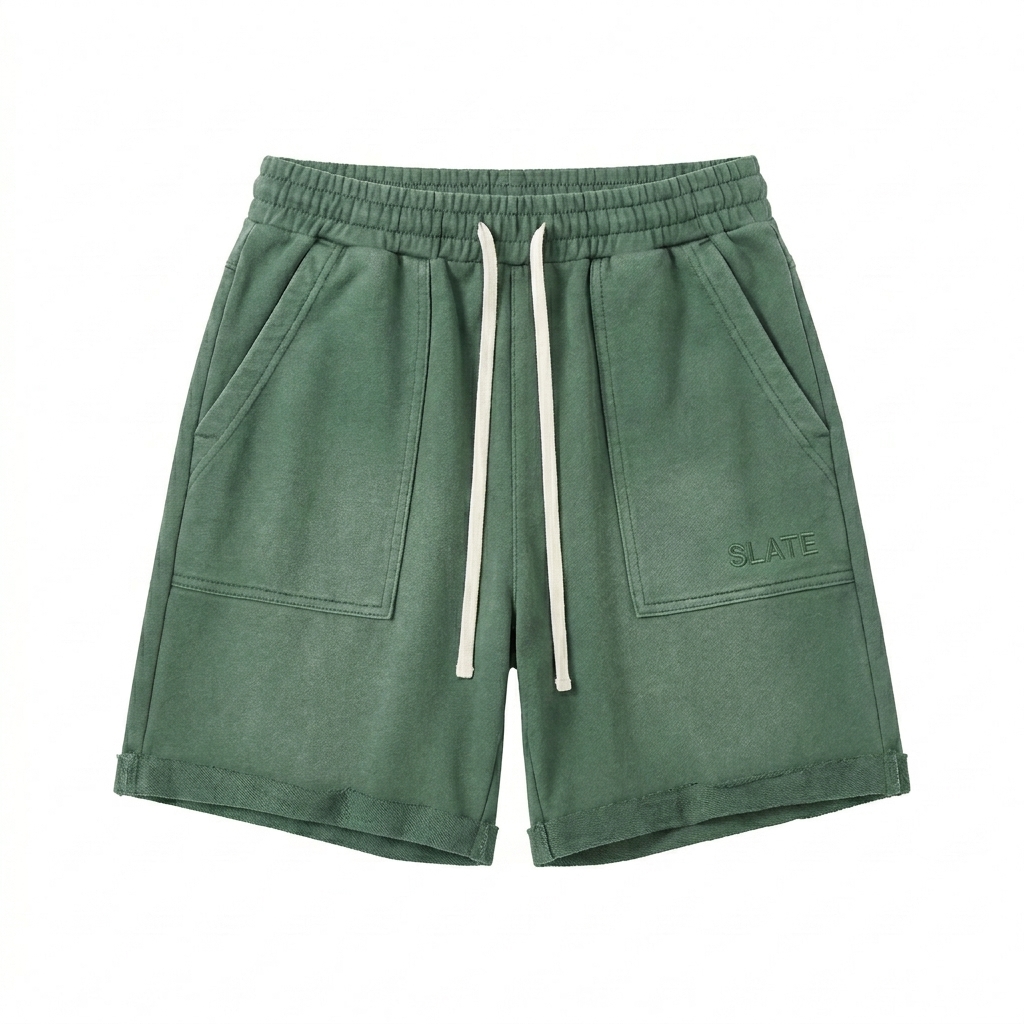 Custom Sun Fade Raw Edge Cotton Shorts design direction 1: Tonal Embroidered Wordmark featuring the SLATE wordmark