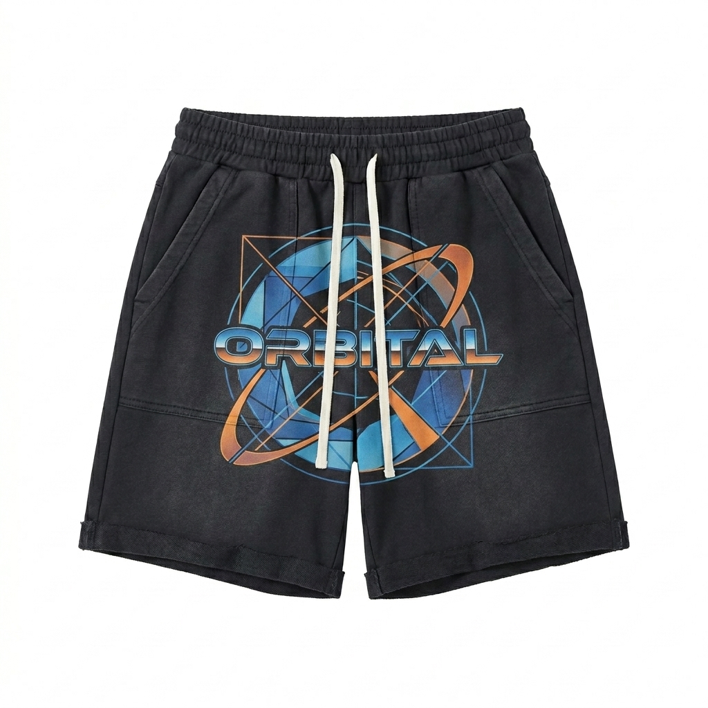 Custom Sun Fade Raw Edge Cotton Shorts design direction 2: Retro Abstract Graphic featuring the ORBITAL wordmark