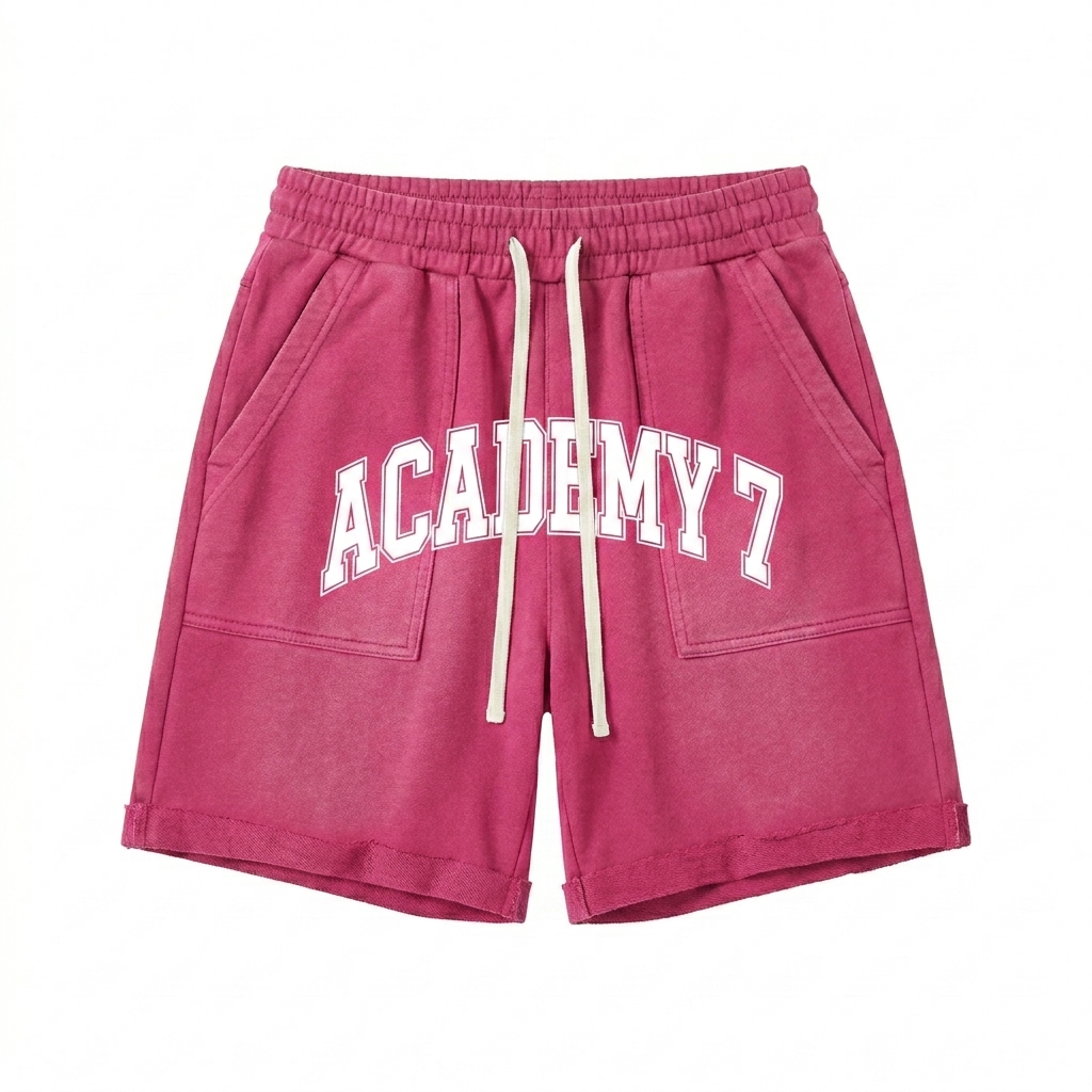 Custom Sun Fade Raw Edge Cotton Shorts design direction 3: Collegiate Sportswear Script featuring the ACADEMY 7 wordmark