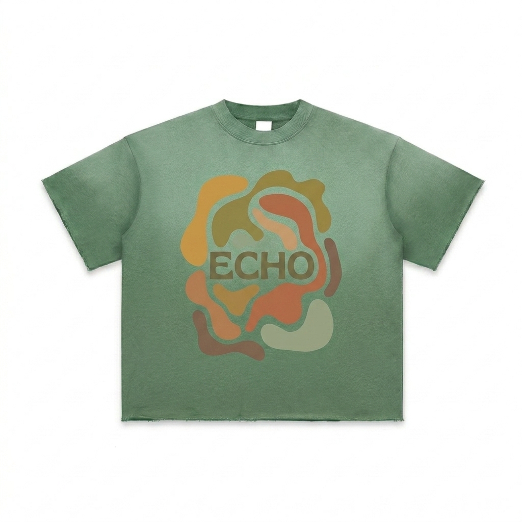 Custom Sun Fade Raw Edge T-Shirt design direction 2: Bold Abstract Graphic featuring the ECHO wordmark