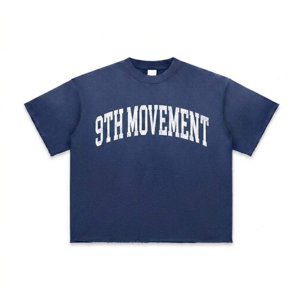Custom Sun Fade Raw Edge T-Shirt design direction 3: Vintage Collegiate Text featuring the 9TH MOVEMENT wordmark