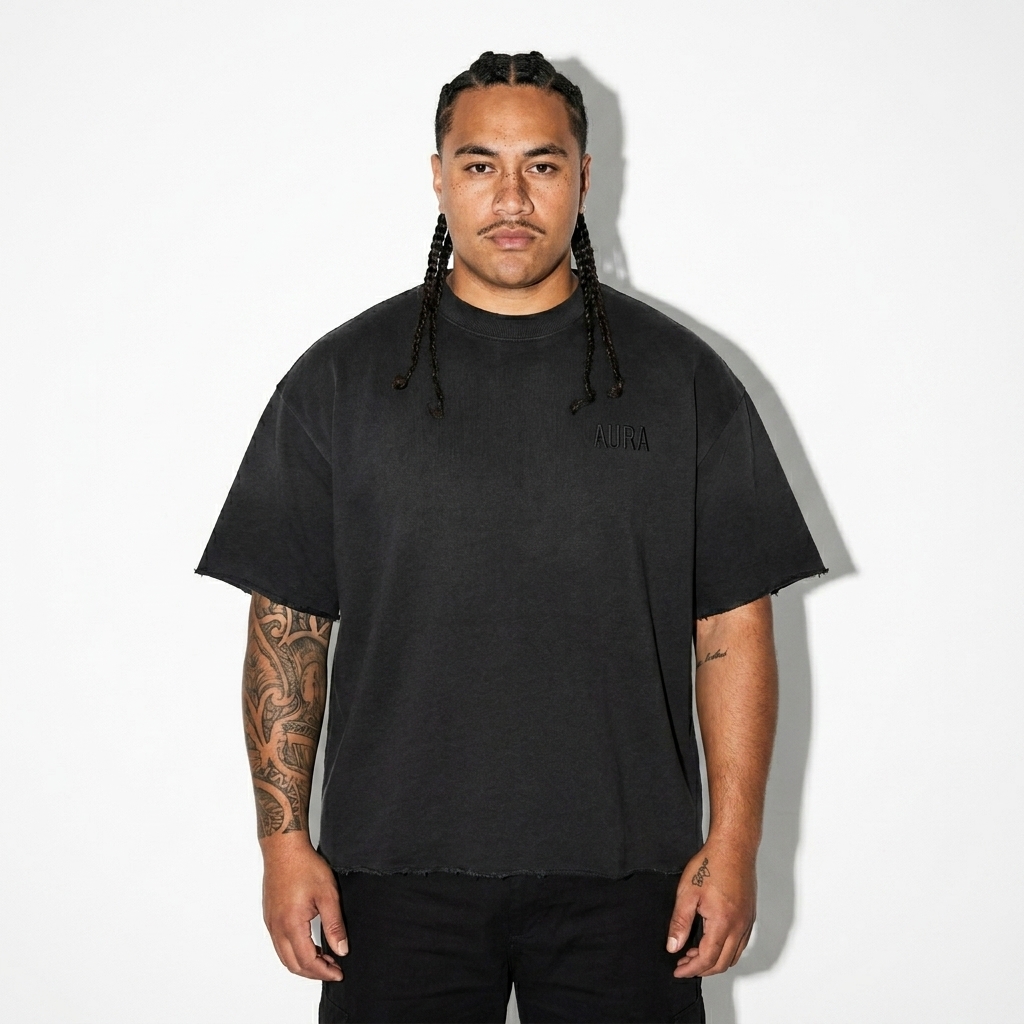 Sun Fade Raw Edge T-Shirt worn by a curvy Māori male fashion influencer, clean-girl minimal styling, studio lookbook — custom sun fade raw edge t-shirt
